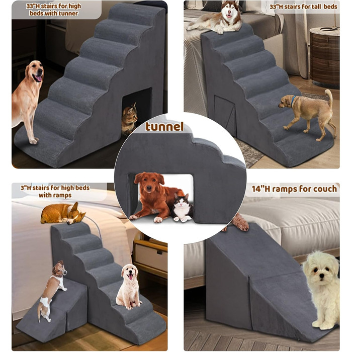 Сходинка для собак, 76.2 см, 6 сходинок, для маленьких та великих собак, антиковзаюча, для ліжка, темно-сіра