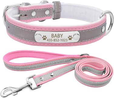 Персоналізоване світловідбиваюче нашийник та поводок для собак Senristar з гравіюванням, для малих, середніх та великих собак та котів (M, ширина 2,0 см, обхват шиї 28-36 см), рожевий комплект
