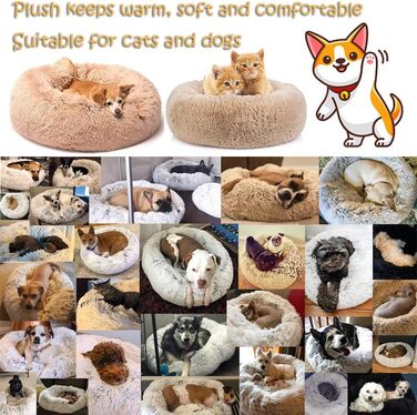 Кругле ліжко для собак FANSU з м'якого плюшу, ковзаюча база, ліжко для котів у формі пончика, розмір та колір обираються (Теплий сірий, 60 см)