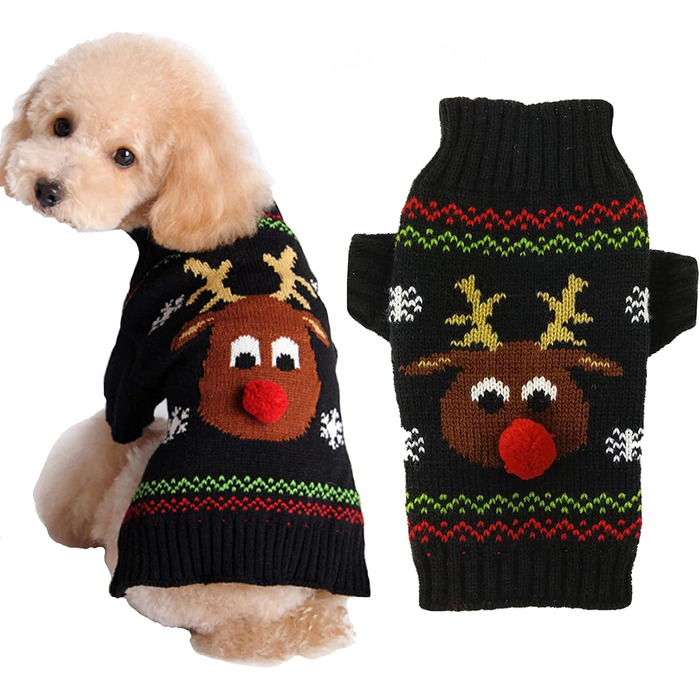 Теплий зимовий светр для собак на Новий Рік з зображенням оленя, XXL, чорний