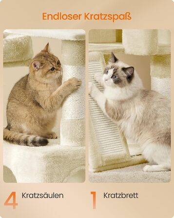 Дерево-кігтеточка для котів Feandrea Kratzbaum — 3 лежанки, будиночок-печера та кошик, висота 136 см, пісочно-бежевий колір