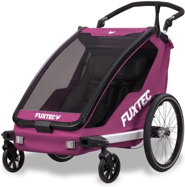 Причіп для велосипеда Fuxtec Sportfux на 2 місця, з багажником, світловідбивачами, ручкою-штовхачем, захистом від дощу та сонця, складаний, фіолетовий FX-FA1