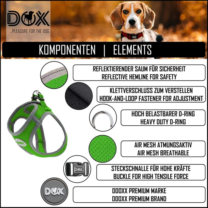 Шлейка для собак DDOXX відбиваюча Airmesh, регульована, для цуценят та собак всіх розмірів, XS, зелена (обхват грудей 28-33 см)