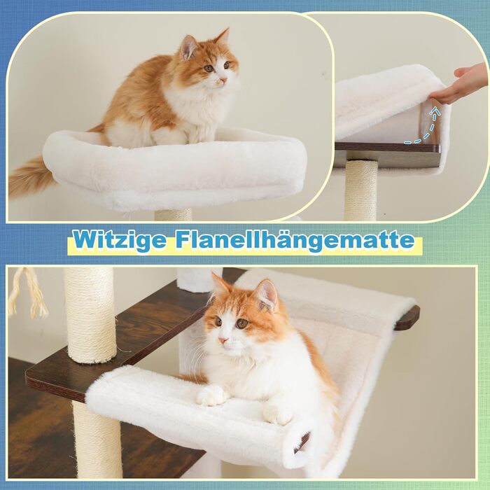 Дерев'яний кігтеточки Hey-brother Holz Kratzbaum 184 см для великих котів, багатоярусний, з платформою, корзиною, будиночком, щіткою та драбиною (Brun Vintage) EMPJ121WB