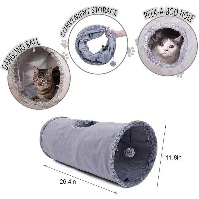 Туннель для котів WOOLUCK - великий, складаний, з іграшкою-м'ячиком, з шурхотливим тунелем, 2 печери (130*30 см) та 1 печера (67*30 см)