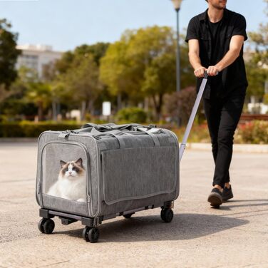 Транспортна переноска для котів та собак Apriltop з двома відділеннями та колесами, 60x40x45 см, сіра