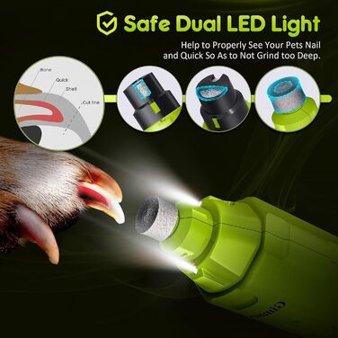 Шліфувальник кігтів для собак Gimars: 6 швидкостей, LED-підсвічування, USB-зарядка, 3 насадки (зелений)