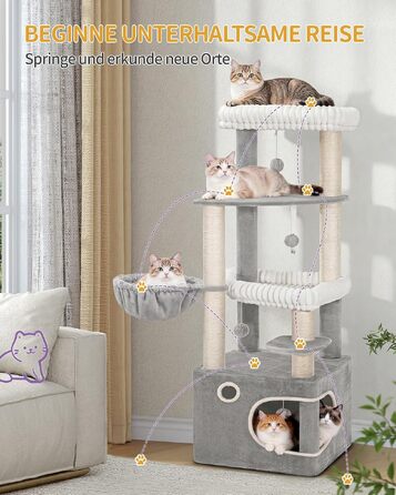 Ігровий комплекс для котів Hzuaneri, кігтеточка-кіттенбаум 151 см, 6 стовпів для дряпання, світло-сірий