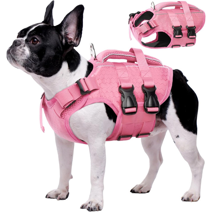 Жилет для плавання собак Kuoser: регульований, з рипстоп тканини, для малих, середніх та великих собак, з ручкою для рятування, рожевий (M)