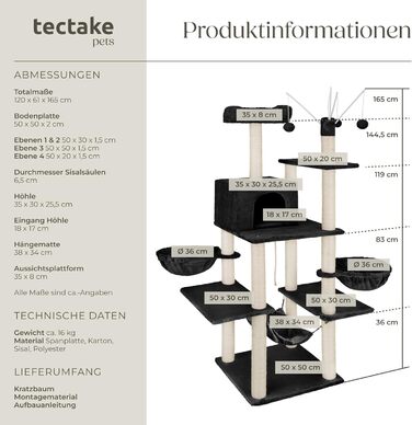 Дерево для котів tectake® XXL, велике, з аксесуарами: лежанки, гамак, будиночок, іграшки, мотузка, стійка для дряпання, висота 165 см, чорний