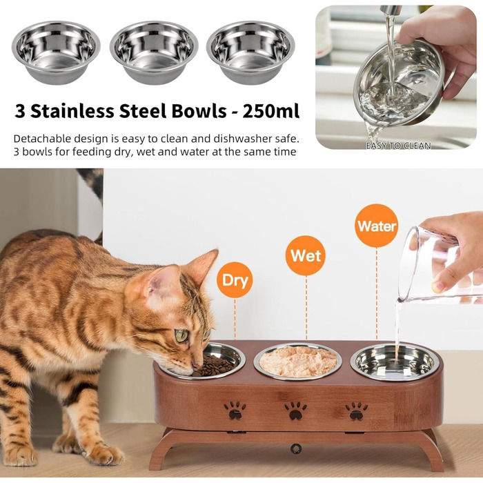 Набір мисок для котів JAZUIHA (3 шт.) з підняттям, ергономічні, 15° нахил, регульована висота, дерев'яний підставник, нержавіюча сталь Ø12 см, темно-коричневий