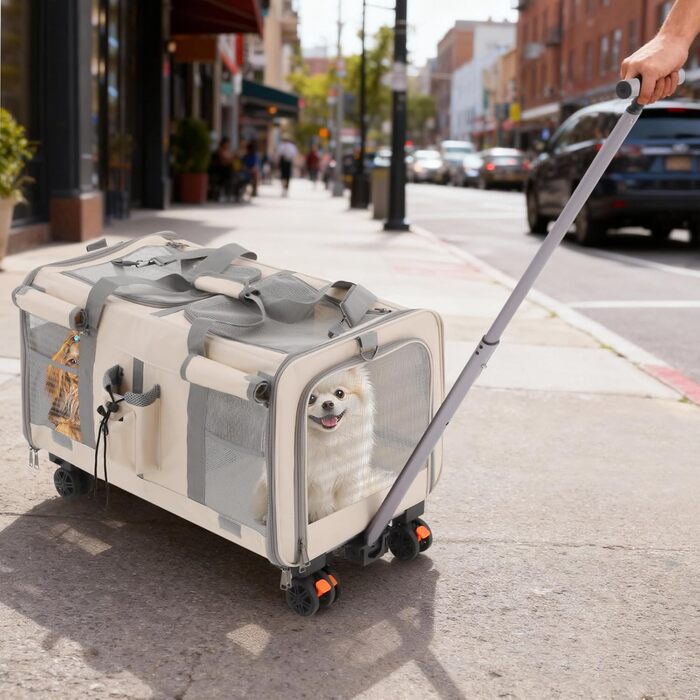 Транспортна переноска для собак та котів з колесами, складна, з дихаючими віконцями, двокамерна (Бежевий)