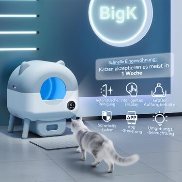 Автоматичний лоток для котів Devoko з самоочищенням, великий об'єм, керування через додаток, LED-підсвічування, килимок, для котів до 12 кг