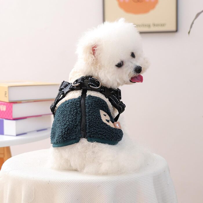 Зимовий теплий одяг для собак - куртка з флісовою підкладкою з отвором для шлейки, для холодної погоди, для маленьких та середніх собак, осінь, зелений та білий