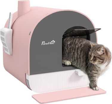 Туалет для котів PawHut з кришкою, лопаткою та килимком, висувний лоток, рожевий, для котів до 5 кг, 43x44x47 см