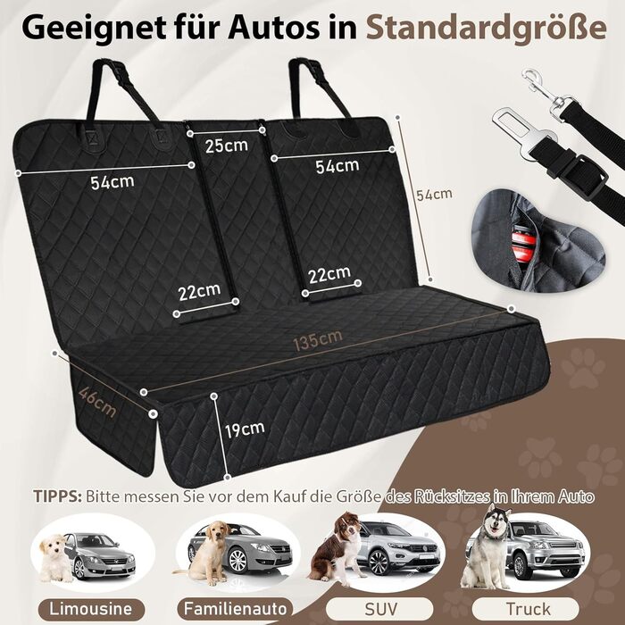 Захист для заднього сидіння автомобіля Angooni для собак - вологостійкий, неслизький, стійкий до подряпин (135×120cm) - універсальний захист для заднього сидіння 135см