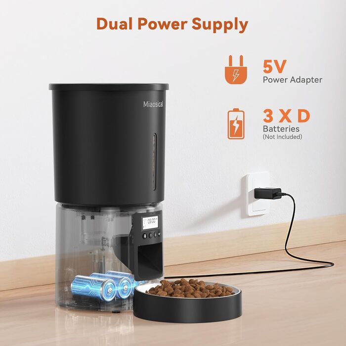 Автомат годівлі для котів 4.2L з програмуванням, з окремою мискою, подвійне живлення, 6 прийомів їжі на день (Чорний), миска з нержавіючої сталі