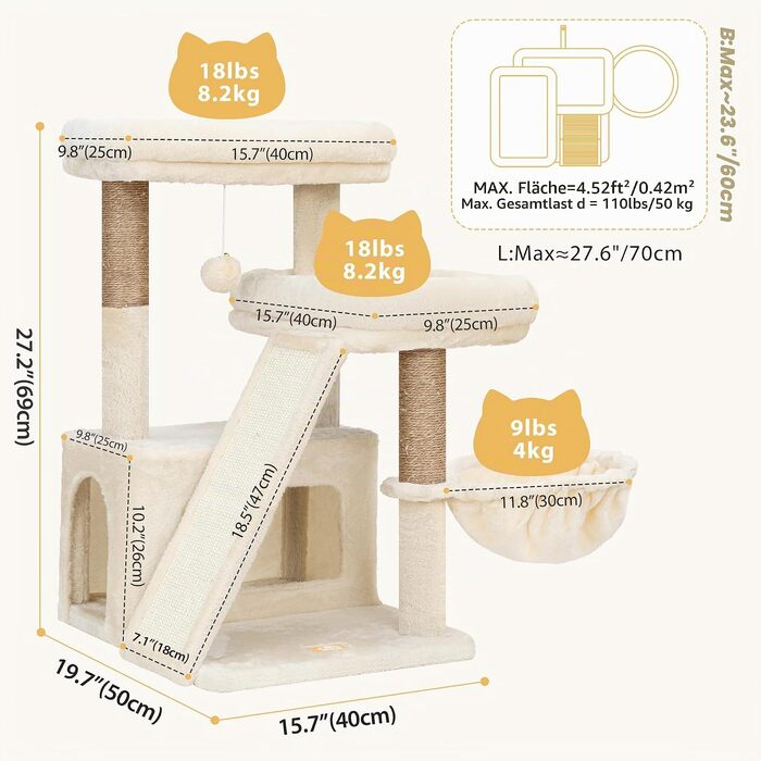 Дряпалка для котів Heybly HCT206SMJ (69 см) з двома лежаками та великою scratch-дошкою, бежева