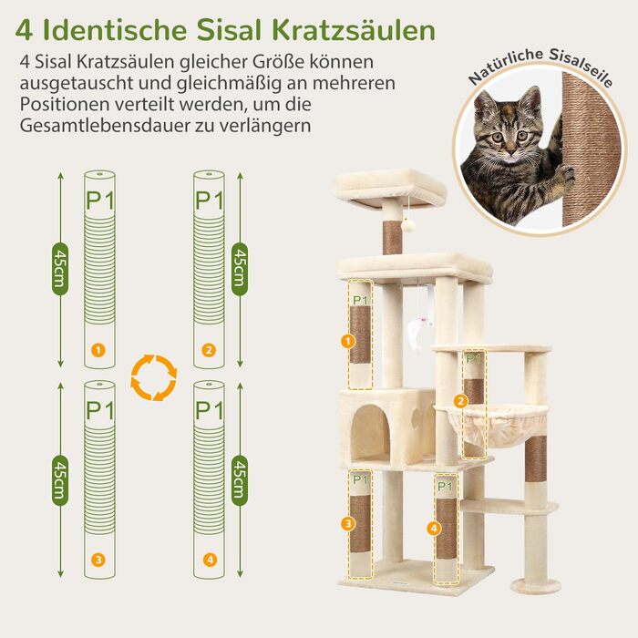 Дерев'яний комплекс для котів Globlazer XL, 167 см, бежевий: будиночок, когтеточка, платформа, іграшки для котів. Стабільний для 2-4 котів