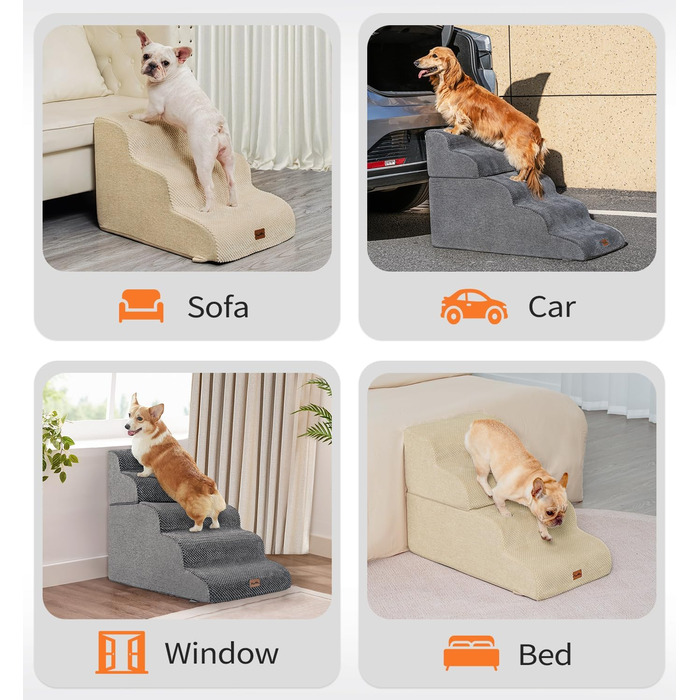 Сходи-рампа для собак Made4Pets, 4-ступінчасті, з 35D піни, для ліжка, дивана, килимка, для малих собак і котів, протиковзкі, сірі