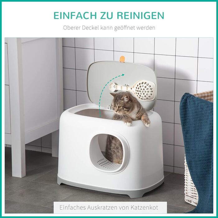 Туалет для котів PawHut з кришкою, пластиковий, білий, до 5 кг, 55x40x39 см