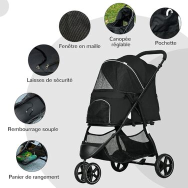 PawHut Buggy для собак та котів, чорний, 83x55x101 см, складна конструкція, EVA колеса, регульований кермо, корзина