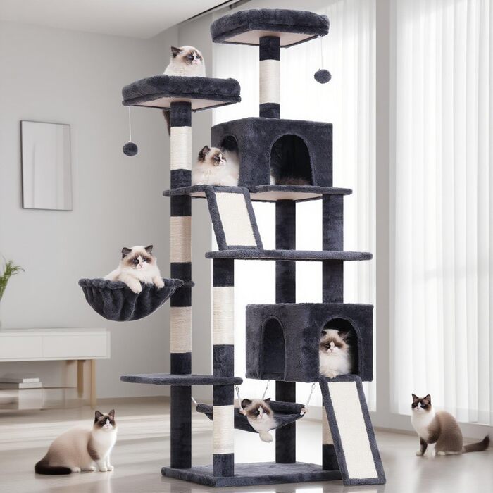 Комплекс для котів Kratzbaum GCT032W (180 см, димчасто-сірий) з 7 стовпчиками, 2 платформами, 2 печерами та 2 дошками для дряпання