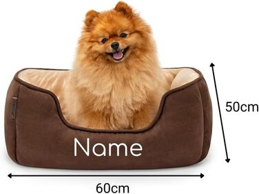 Ліжко для собак Lionto 2-в-1 з м'яким входом, зручне домашнє ліжко для тварин, що перевертається, для собак та котів, 110x80 см, подушка для собак з легкою у догляді оксамитовою обробкою, (Д 60 x Ш 50 x В 22 см (з нанесенням імені), Коричневий/Бежевий)