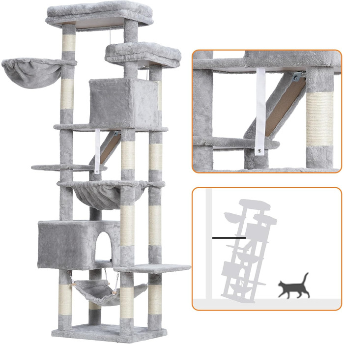 Кігтеточка-будинок для котів Heybly HCT034G, 180 см, сірий, з 2 платформами, 2 будиночками, гамаком, корзиною та когтеточкою