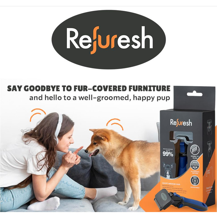 Refuresh щітка для видалення шерсті собак та котів, для короткої і середньої шерсті, легка, синя, середній розмір