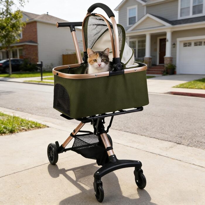 Візок для собак 3 в 1, складний, для маленьких собак та котів, знімний кошик, візок-кіндервоген, сітка, оксфордська тканина, до 20 кг (темно-зелений)