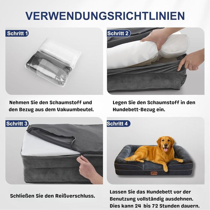 Ортопедичне ліжко для собак середніх та великих порід CORTESPETS® - диван для собак, знімний та пральний чохол, високі бортики, м'яке ліжко з Memory Foam, вологостійке, сірого кольору, 90 x 64 x 17 см