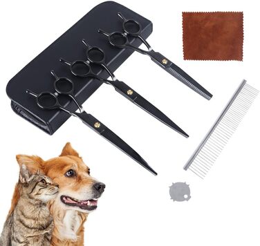 Набір ножиць для собак 7 дюймів, професійний 5-в-1 з нержавіючої сталі, включаючи ножиці для фінальної обробки, вигнуті та прямі ножиці, гребінець для грумінгу, серветка для чищення, кейс для зберігання, регулювальний гвинт, для собак та котів, чорний