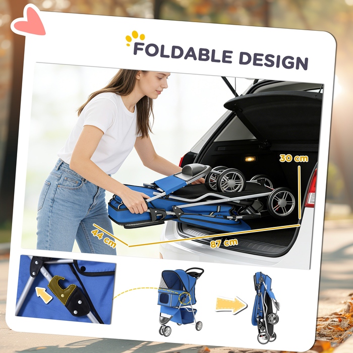 Дитячий візок для собак (buggy), складаний, до 10 кг, з кошиком, подушкою та сітчастими вікнами, для малих порід, 77x44x102 см, синій