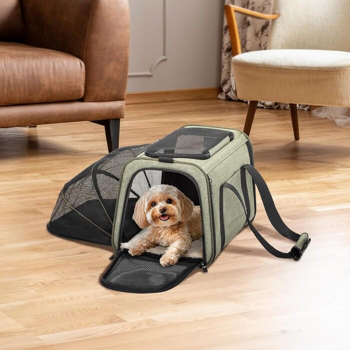 Транспортна сумка для котів та собак Petsfit, розширювана переноска з плечовим ременем, сумка-переноска для собак та котів, авіапереноска, оксфордська тканина, M, зелений колір