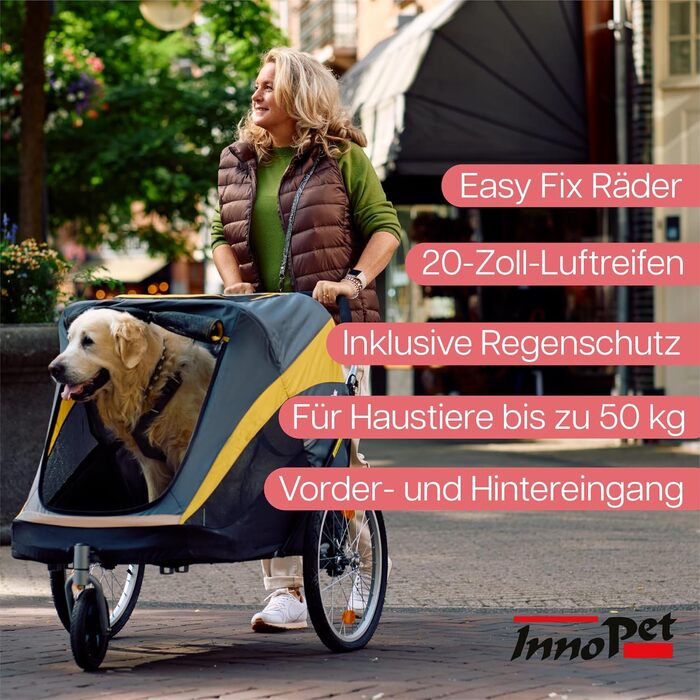 Візок для собак Innopet Hercules 2.0, жовто-сірий - міцний, до 50 кг, з дощем, колеса 45см, EFA колеса