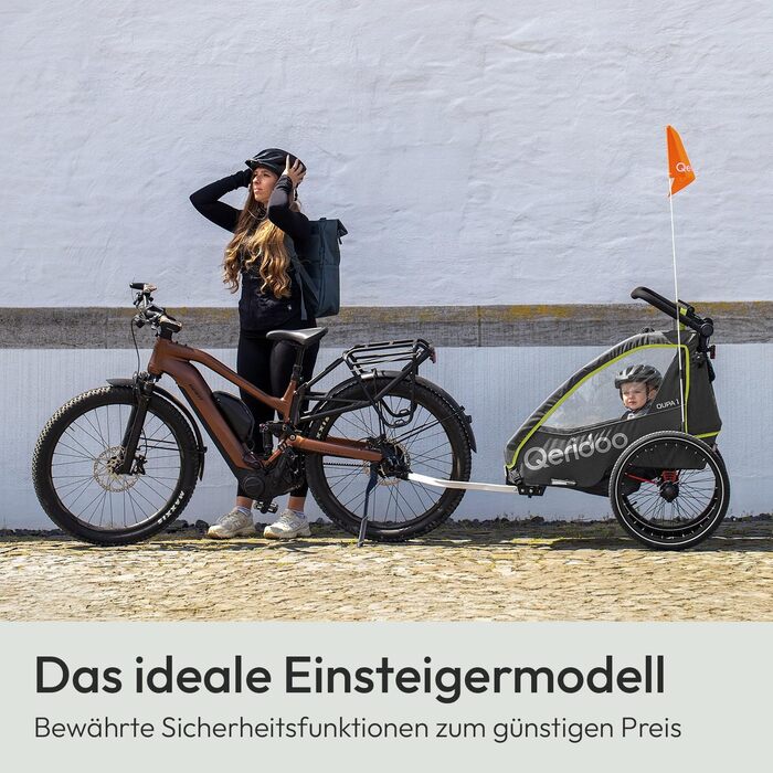 Причіп для велосипеда Qeridoo QUPA 1 з листковою підвіскою, складною кабіною, розширюваним сидінням, візок-причіп, регульована ручка, 5-точкова система ременів безпеки, для 1 дитини (Lime)