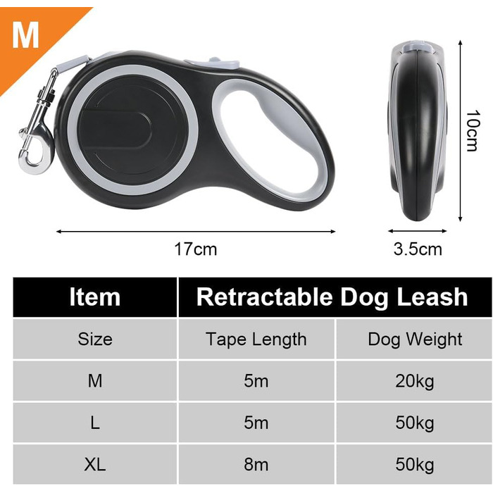 Рулетка для собак Aomig: витягується до 5м, до 20кг, чорна, з антиковзним ручним гальмом