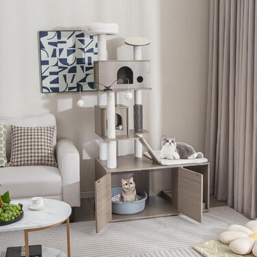 Дерев'яний комплекс для котів COSTWAY з будиночком, когтеточкою, іграшками та м'яким лежанком. Великий кігтешкребок для котів, сірий, 95x55,5x132 см