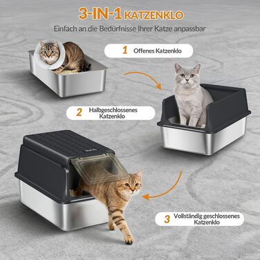 Лоток для котів із нержавіючої сталі XXL, великий туалет для котів 60x40x38,5 см, чорний