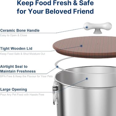 Контейнер для корму для собак та котів Paw Libero, 2 шт., 25 кг (50 кг загалом), нержавіюча сталь, з кришкою з дерева та ручкою з кераміки