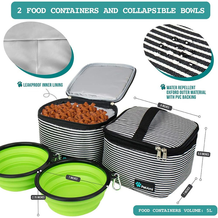 PetAmi переносна сумка для собак, відповідна вимогам авіакомпаній, органайзер з багатофункціональними кишенями, контейнер для їжі та складний миска, чорний, велика (L 37 x B 20 x H 30 cm), смужка, чорний