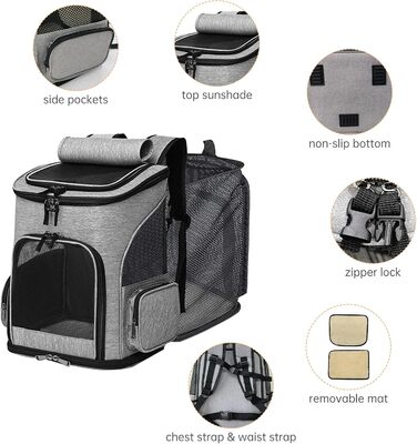 Рюкзак для тварин: переноска для собак та котів до 10 кг, сірий. Розкладний, з 2 матами