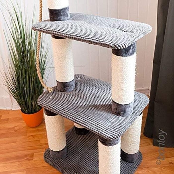 Дряпка для котів Cleo сіра 60x44x150 см з 12 см стовпами з сизалю, ігрова зона, місце для відпочинку, міцна конструкція, сизалевий канат для гри