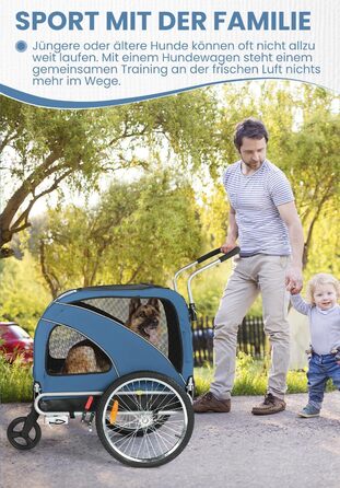 SEPNINE® Причіп для собак XL 2-в-1, велосипедний та візок для собак до 40 кг, складний з гальмами та зчіпним пристроєм, для середніх та великих собак – блакитний