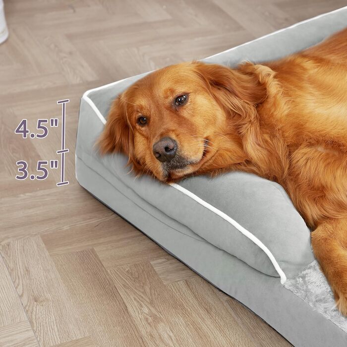 Ортопедичне ліжко для собак великих порід, XL, водовідштовхувальне, з ефектом пам'яті, зручна подушка для шиї, знімний, пральний чохол, неслизьке дно (сірий, білий)