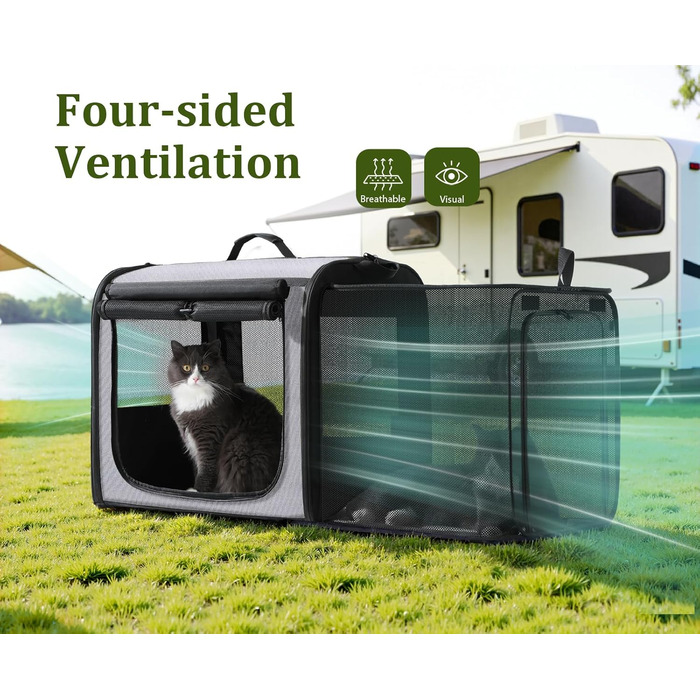 Pecute Розширювана переноска для котів та маленьких собак, транспортна сумка-переноска, розкладний бокс для котів, сіра/зелена, 61x52x45 см