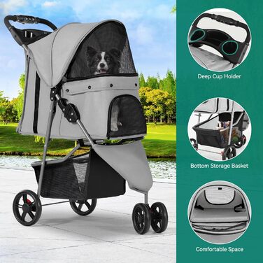 Візок для собак та котів YITAHOME 15 кг, 3 колеса, сітчасте вікно, гальма, міцний, сірий