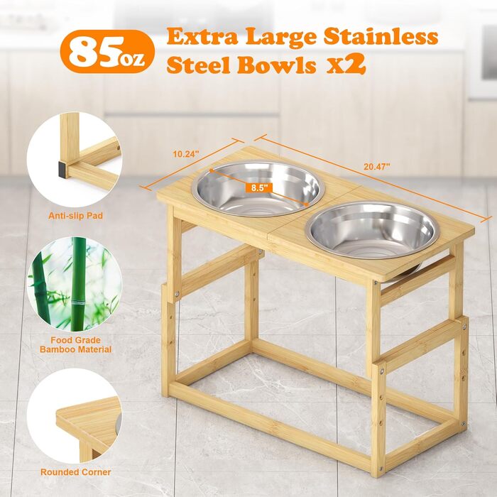 Підвищені годівниці для собак великих порід, бамбук, підставка з 2 великими мисками для води та корму, білий колір, об'єм 2.5л