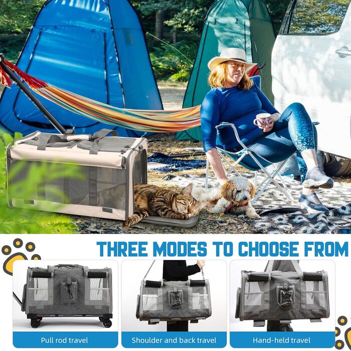 Переноска для котів велика, для 2 котів, складна, на колесах, знімні відділи, з іграшкою-пір'ям та ремінком, бежева